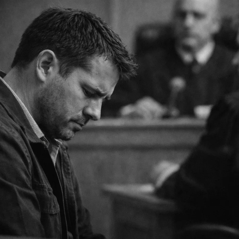 Imagen en blanco y negro de un acusado en un tribunal, con gesto serio